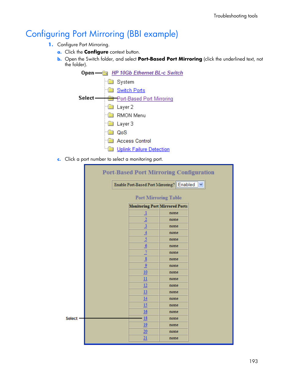 Configuring port mirroring (bbi example) | HP 445946-001 User Manual | Page 193 / 198