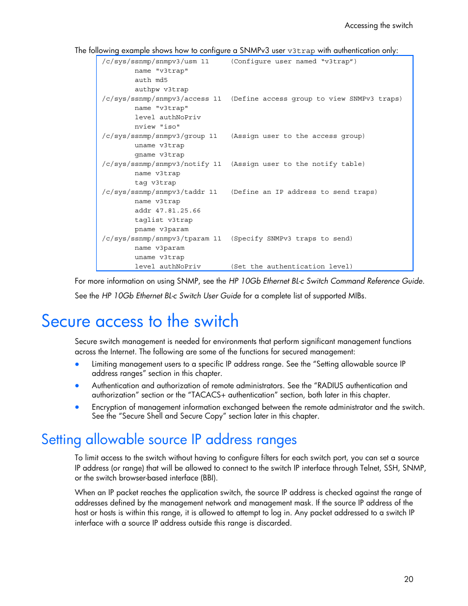 Setting allowable source ip address ranges, Secure access to the switch | HP 445946-001 User Manual | Page 20 / 198