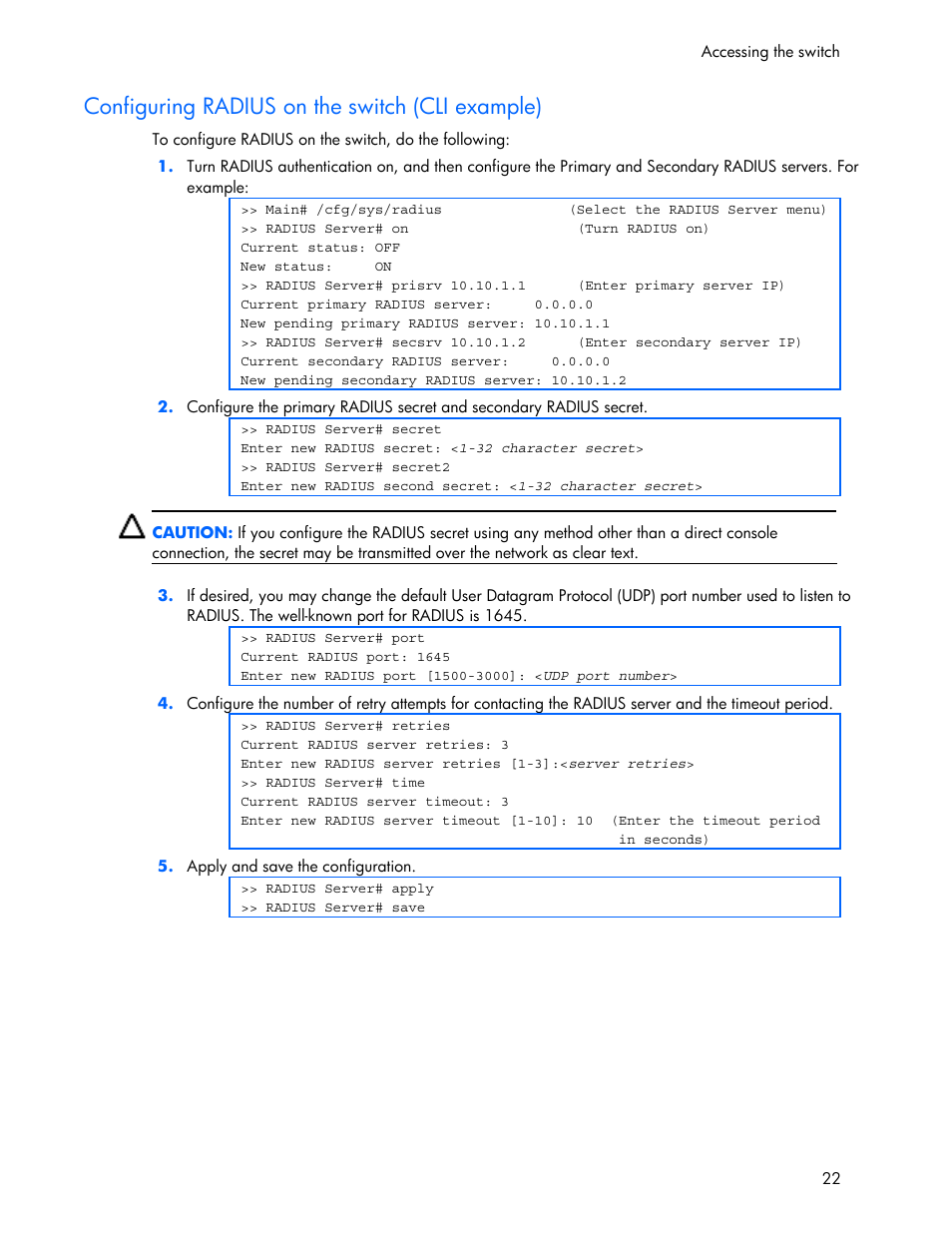 Configuring radius on the switch (cli example) | HP 445946-001 User Manual | Page 22 / 198