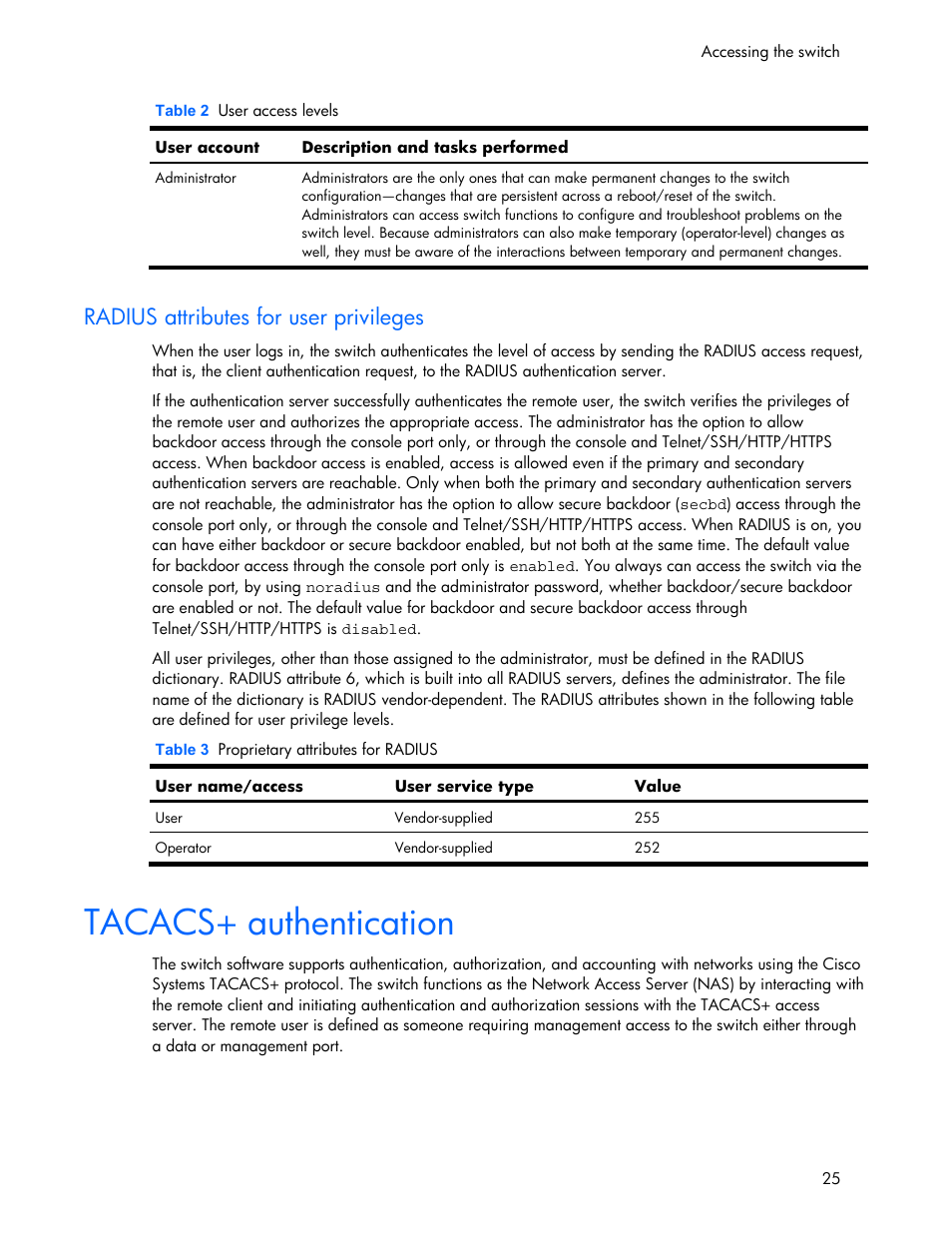 Radius attributes for user privileges, Tacacs+ authentication | HP 445946-001 User Manual | Page 25 / 198