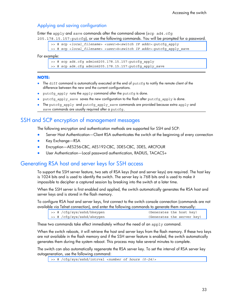Ssh and scp encryption of management messages, Generating rsa host and server keys for ssh access | HP 445946-001 User Manual | Page 33 / 198