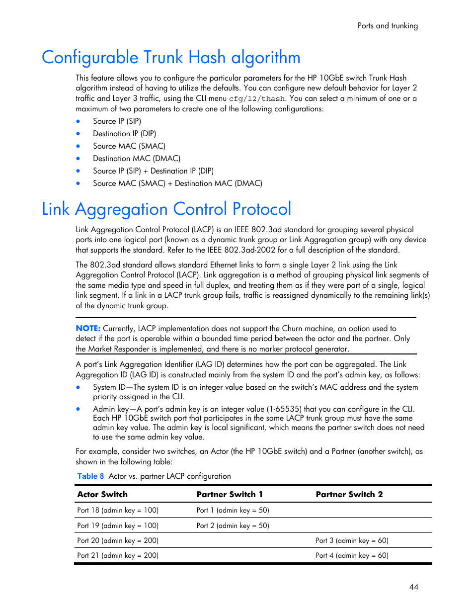 Configurable trunk hash algorithm, Link aggregation control protocol | HP 445946-001 User Manual | Page 44 / 198