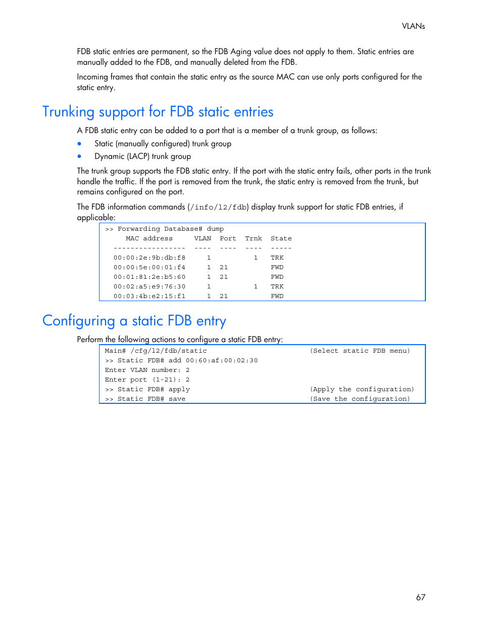 Trunking support for fdb static entries, Configuring a static fdb entry | HP 445946-001 User Manual | Page 67 / 198
