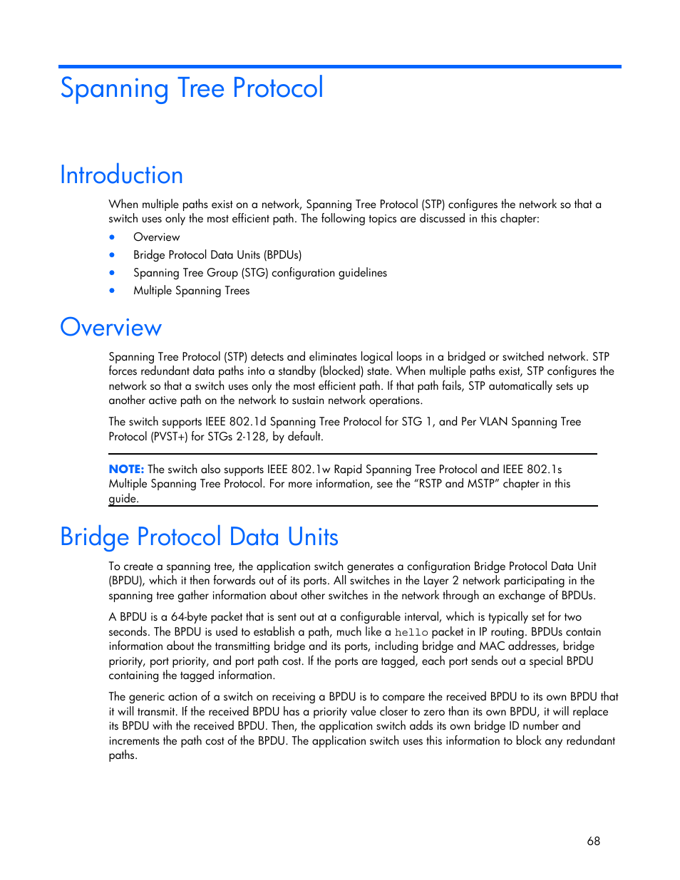 Spanning tree protocol, Introduction, Overview | Bridge protocol data units | HP 445946-001 User Manual | Page 68 / 198