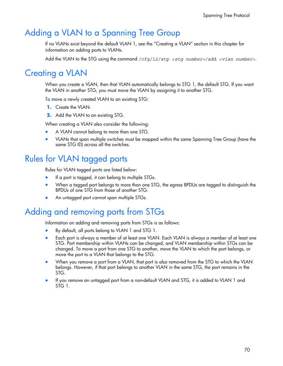 Adding a vlan to a spanning tree group, Creating a vlan, Rules for vlan tagged ports | Adding and removing ports from stgs | HP 445946-001 User Manual | Page 70 / 198