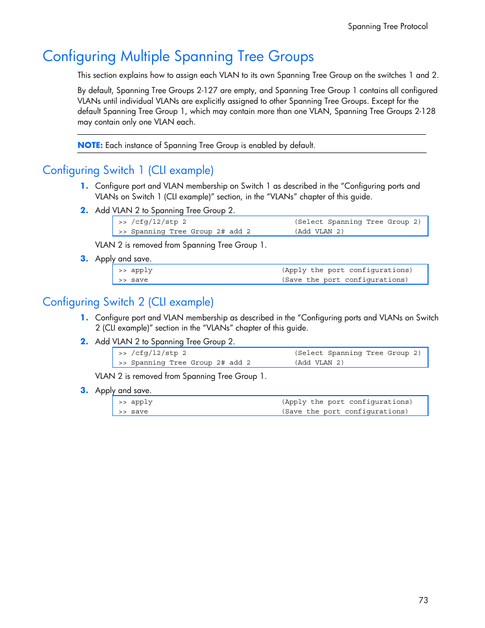 Configuring multiple spanning tree groups, Configuring switch 1 (cli example), Configuring switch 2 (cli example) | HP 445946-001 User Manual | Page 73 / 198