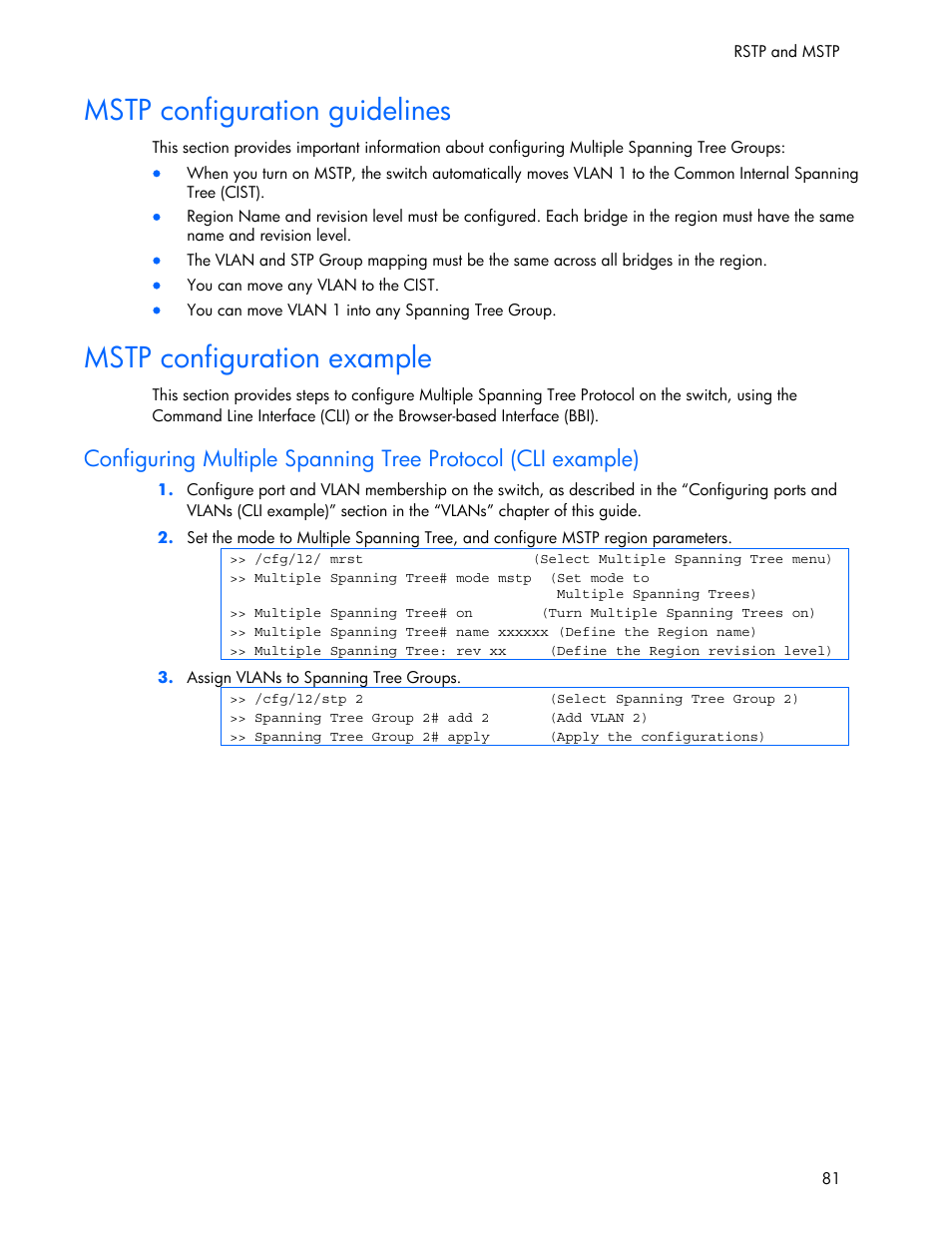 Mstp configuration guidelines, Mstp configuration example | HP 445946-001 User Manual | Page 81 / 198