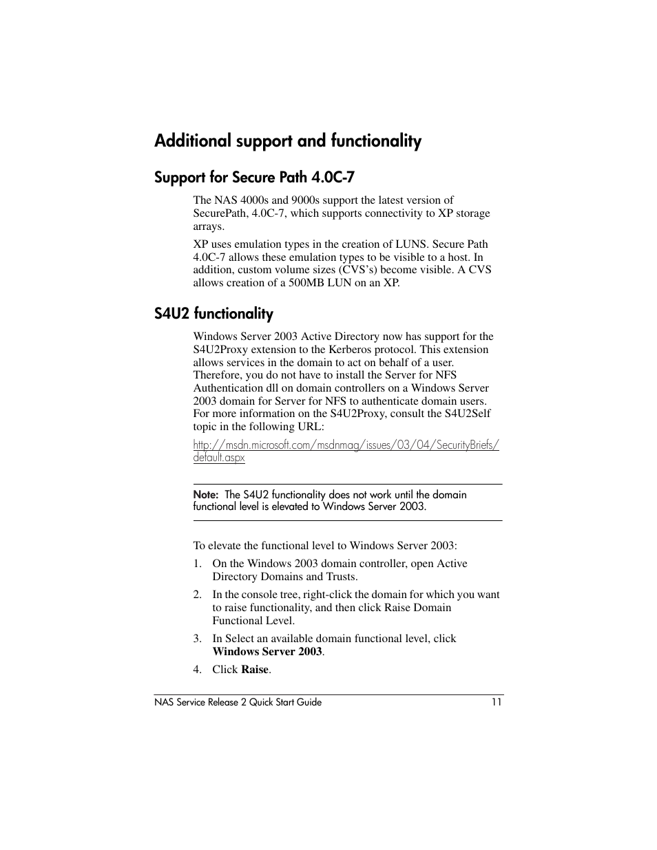 Additional support and functionality, Support for secure path 4.0c-7, S4u2 functionality | Support for secure path 4.0c-7 s4u2 functionality | HP NAS 2000s User Manual | Page 11 / 20