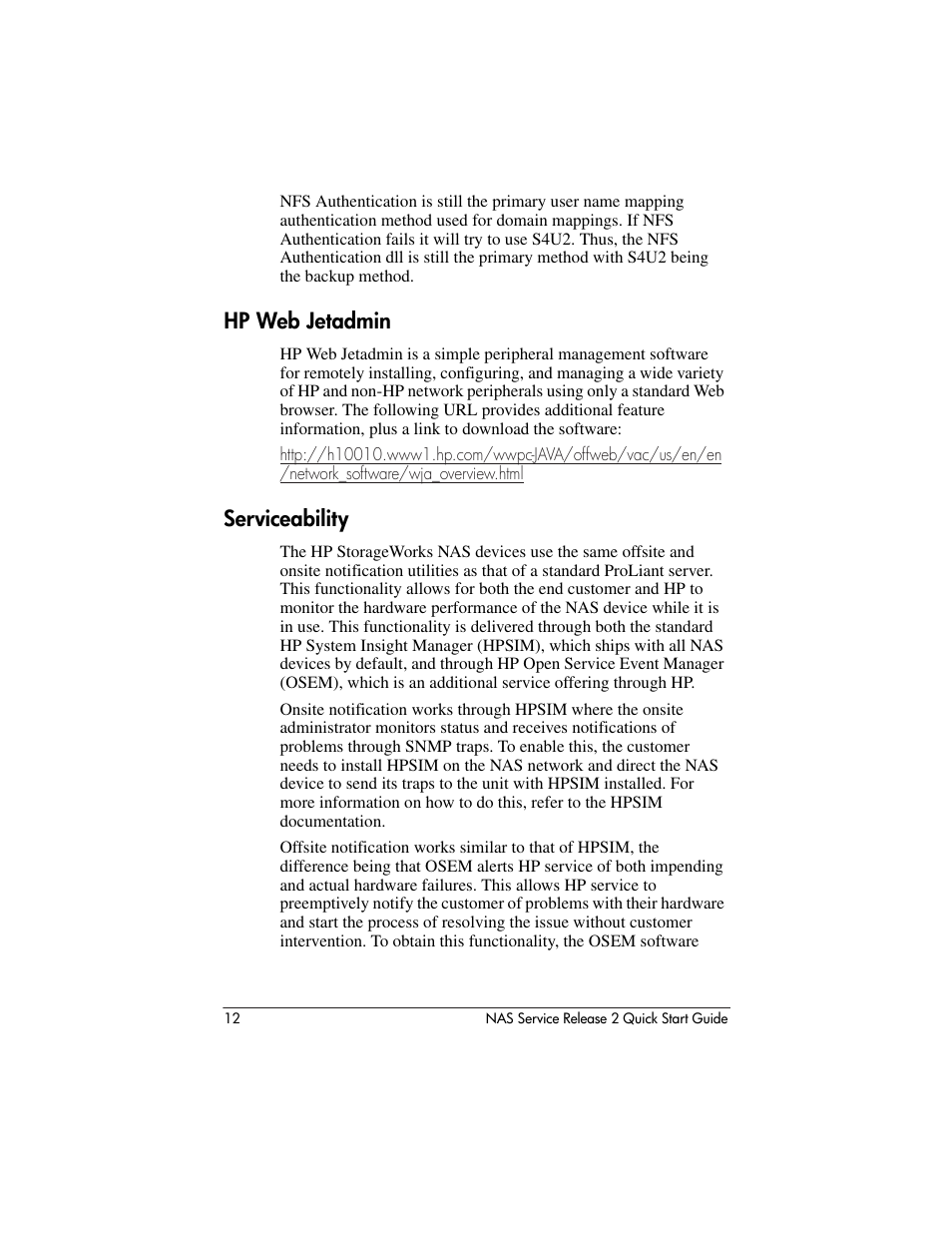 Hp web jetadmin, Serviceability, Hp web jetadmin serviceability | HP NAS 2000s User Manual | Page 12 / 20