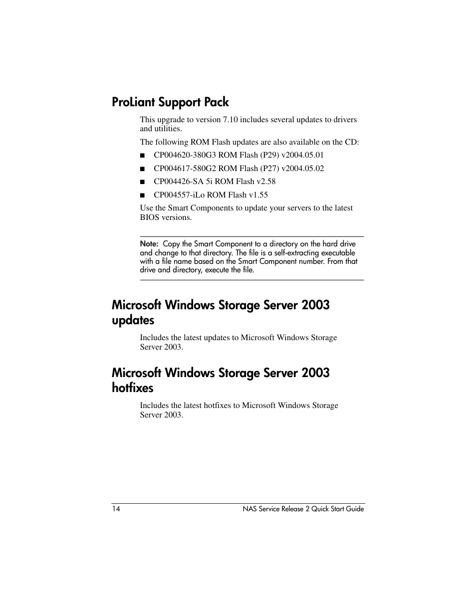 Proliant support pack, Microsoft windows storage server 2003 updates, Microsoft windows storage server 2003 hotfixes | HP NAS 2000s User Manual | Page 14 / 20