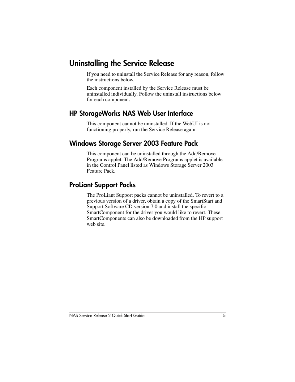 Uninstalling the service release, Hp storageworks nas web user interface, Windows storage server 2003 feature pack | Proliant support packs | HP NAS 2000s User Manual | Page 15 / 20
