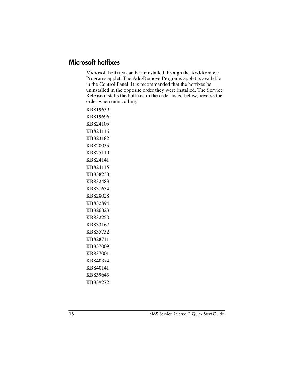 Microsoft hotfixes | HP NAS 2000s User Manual | Page 16 / 20
