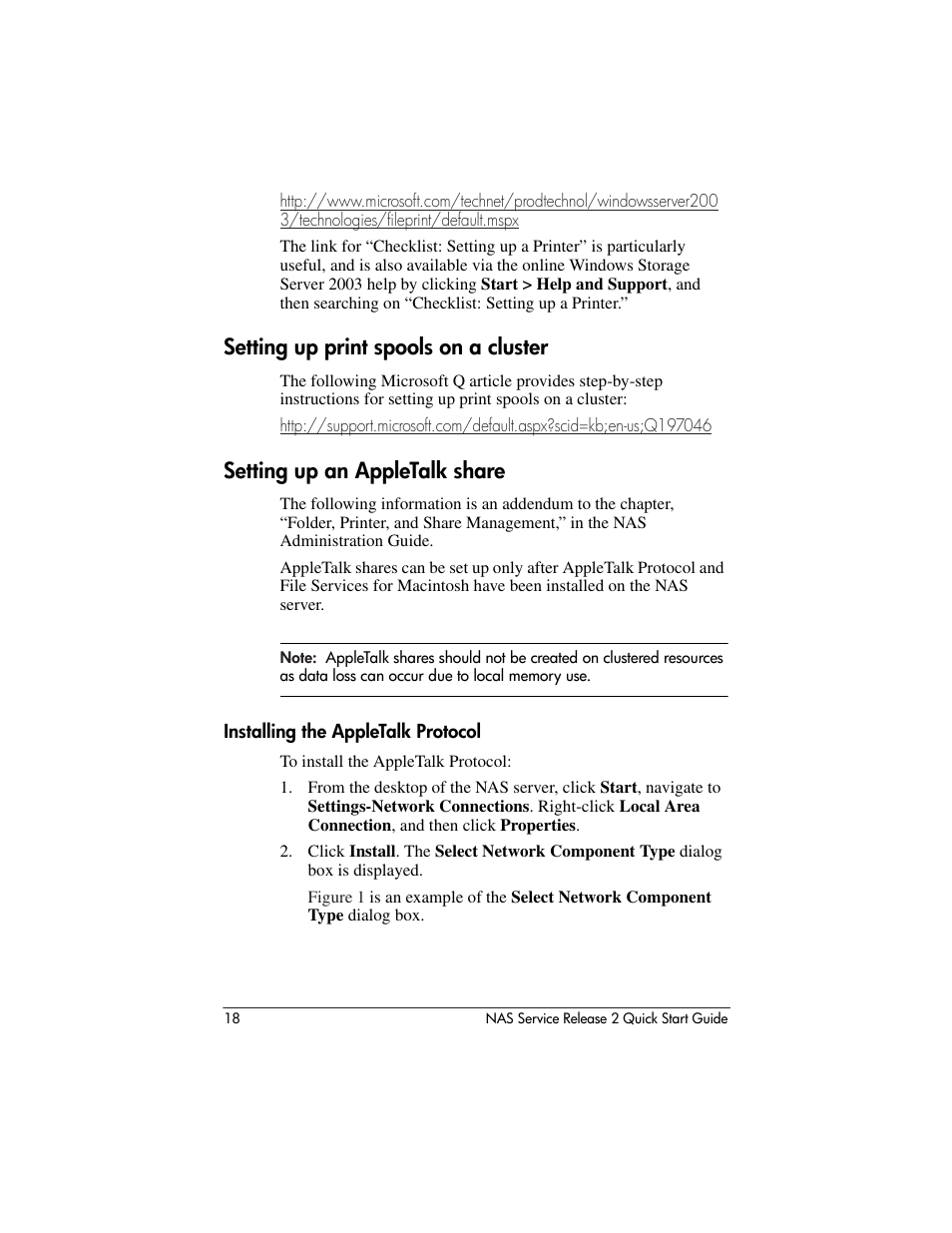 Setting up print spools on a cluster, Setting up an appletalk share, Installing the appletalk protocol | HP NAS 2000s User Manual | Page 18 / 20