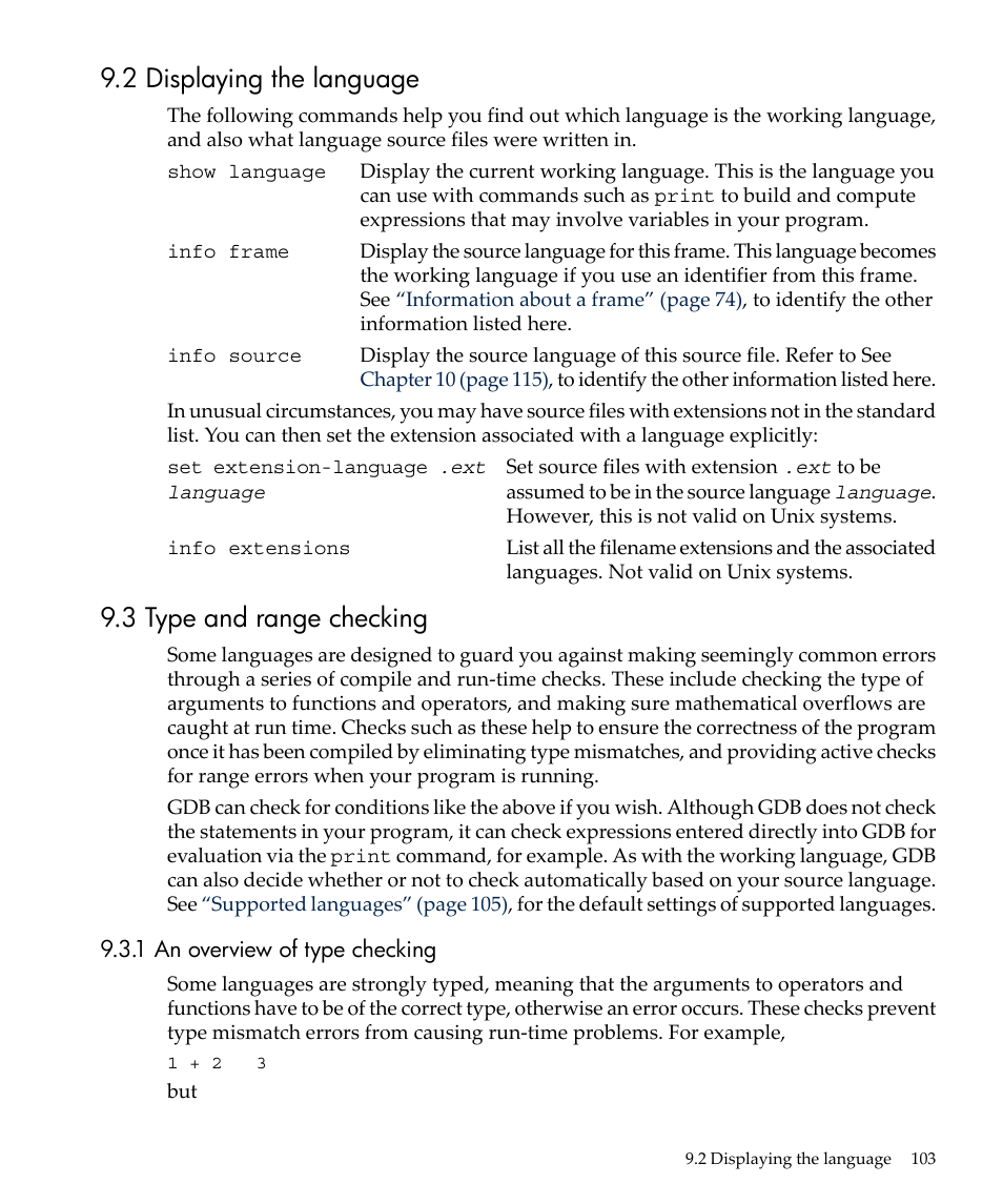 2 displaying the language, 3 type and range checking, 1 an overview of type checking | HP gnu source-level debugger 5992-4701 User Manual | Page 103 / 369
