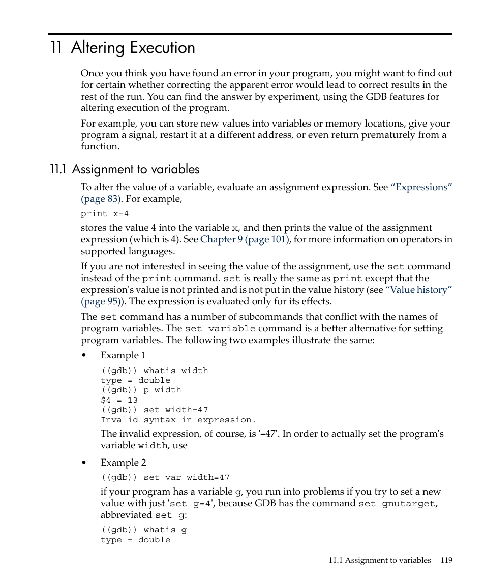 11 altering execution, 1 assignment to variables | HP gnu source-level debugger 5992-4701 User Manual | Page 119 / 369