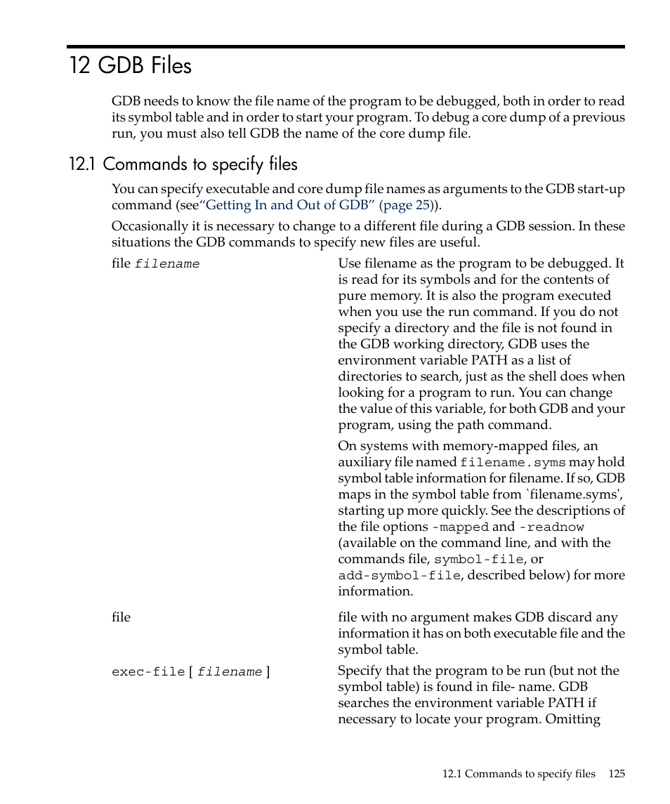 12 gdb files, 1 commands to specify files, Commands to specify files | Commands, Commands to | HP gnu source-level debugger 5992-4701 User Manual | Page 125 / 369