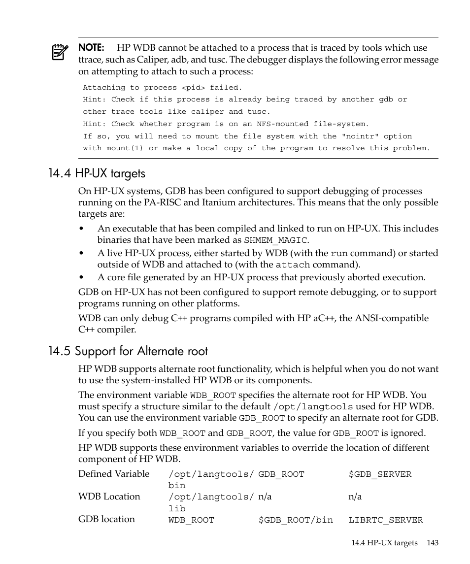 4 hp-ux targets, 5 support for alternate root, 4 hp-ux targets 14.5 support for alternate root | HP gnu source-level debugger 5992-4701 User Manual | Page 143 / 369