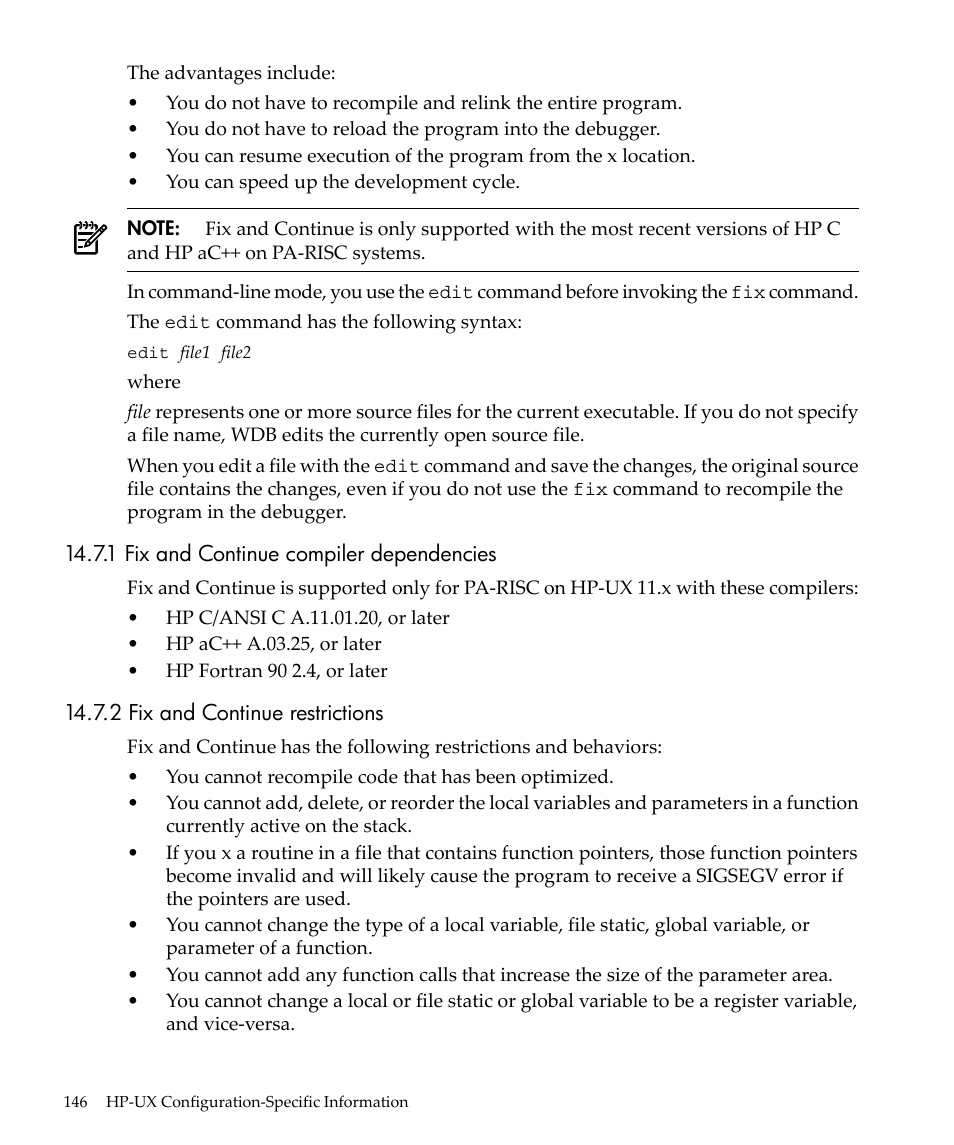 1 fix and continue compiler dependencies, 2 fix and continue restrictions | HP gnu source-level debugger 5992-4701 User Manual | Page 146 / 369