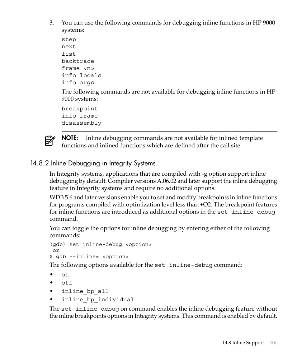 2 inline debugging in integrity systems | HP gnu source-level debugger 5992-4701 User Manual | Page 151 / 369