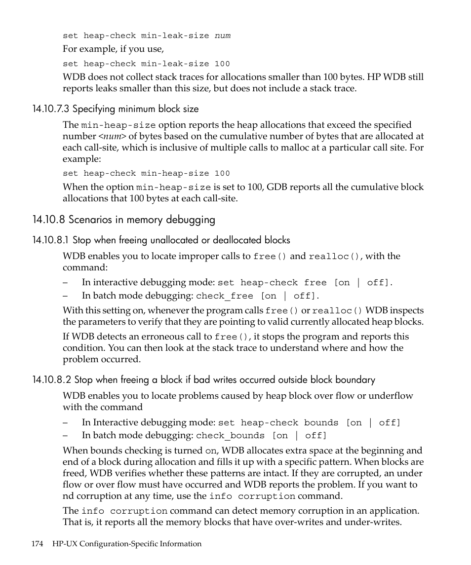 3 specifying minimum block size, 8 scenarios in memory debugging | HP gnu source-level debugger 5992-4701 User Manual | Page 174 / 369