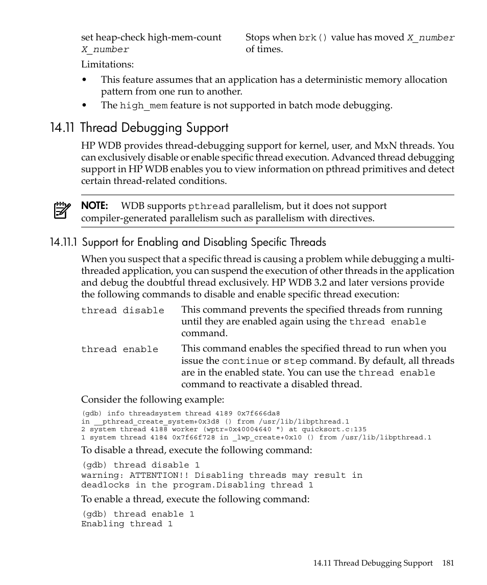 11 thread debugging support | HP gnu source-level debugger 5992-4701 User Manual | Page 181 / 369