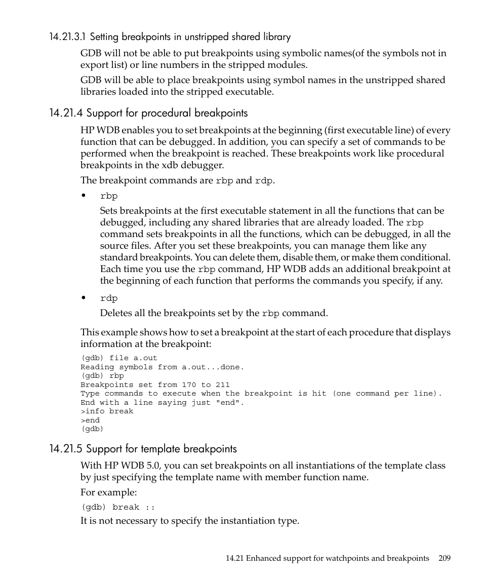1 setting breakpoints in unstripped shared library, 4 support for procedural breakpoints, 5 support for template breakpoints | HP gnu source-level debugger 5992-4701 User Manual | Page 209 / 369
