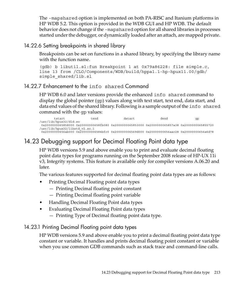 6 setting breakpoints in shared library, 7 enhancement to the info shared command, 1 printing decimal floating point data types | HP gnu source-level debugger 5992-4701 User Manual | Page 213 / 369