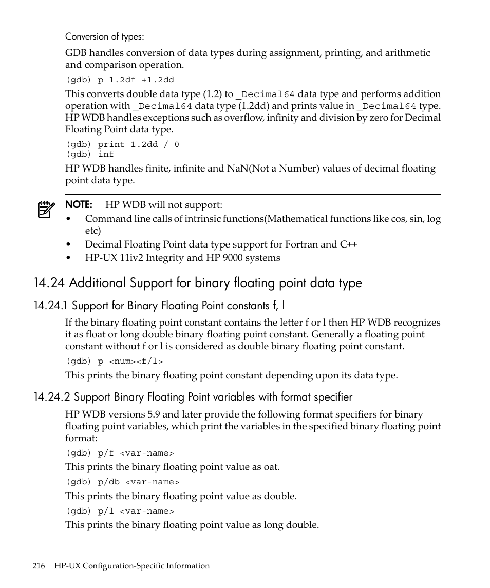 1 support for binary floating point constants f, l | HP gnu source-level debugger 5992-4701 User Manual | Page 216 / 369