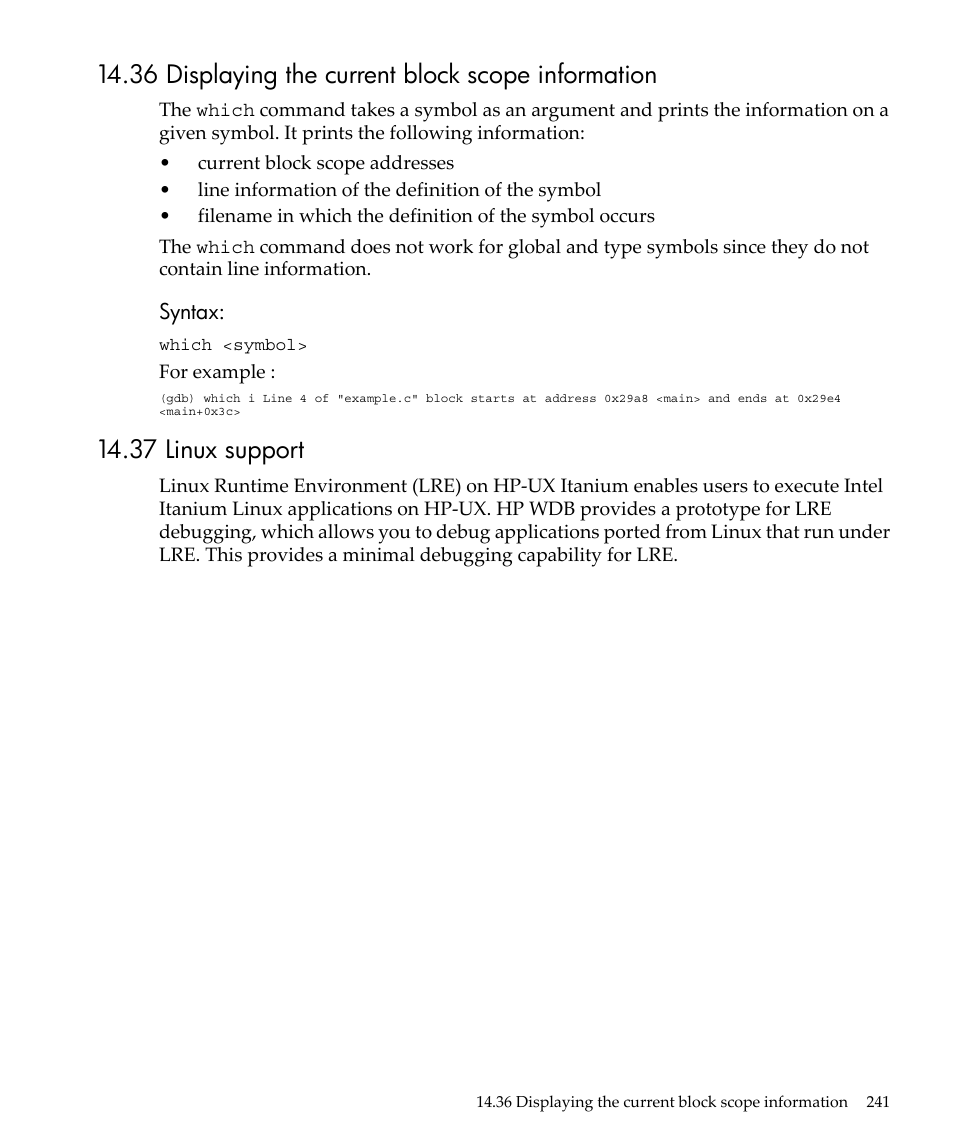 36 displaying the current block scope information, 37 linux support | HP gnu source-level debugger 5992-4701 User Manual | Page 241 / 369