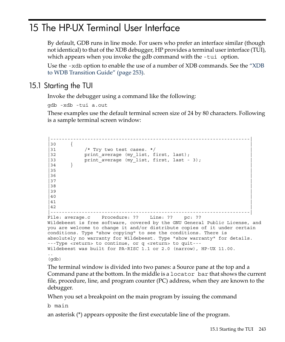 15 the hp-ux terminal user interface, 1 starting the tui | HP gnu source-level debugger 5992-4701 User Manual | Page 243 / 369