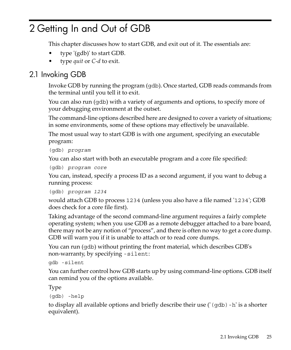 2 getting in and out of gdb, 1 invoking gdb | HP gnu source-level debugger 5992-4701 User Manual | Page 25 / 369
