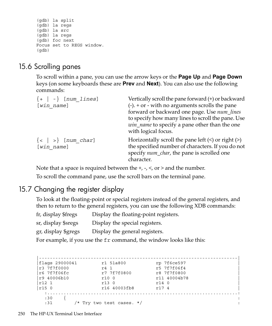 6 scrolling panes, 7 changing the register display | HP gnu source-level debugger 5992-4701 User Manual | Page 250 / 369