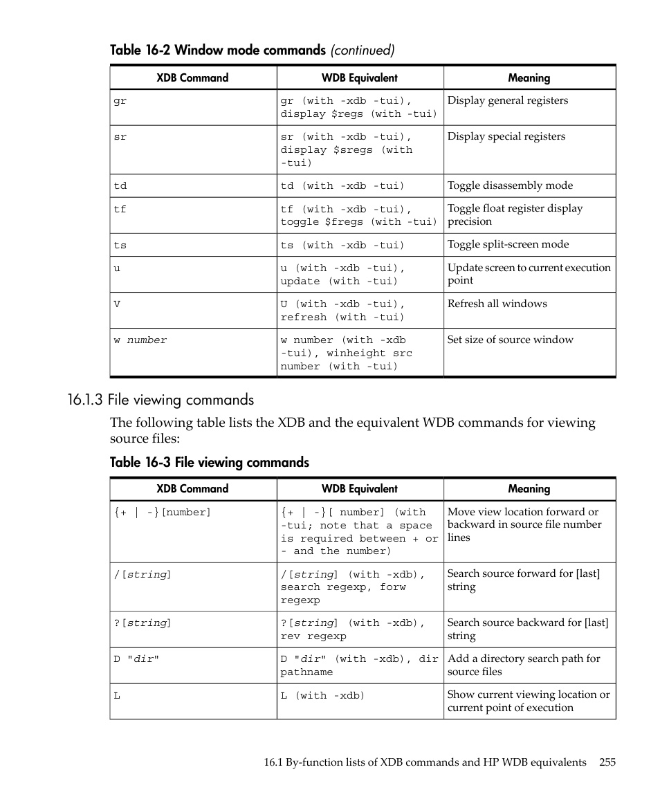 3 file viewing commands, File viewing commands, Table 16-2 window mode commands (continued) | HP gnu source-level debugger 5992-4701 User Manual | Page 255 / 369