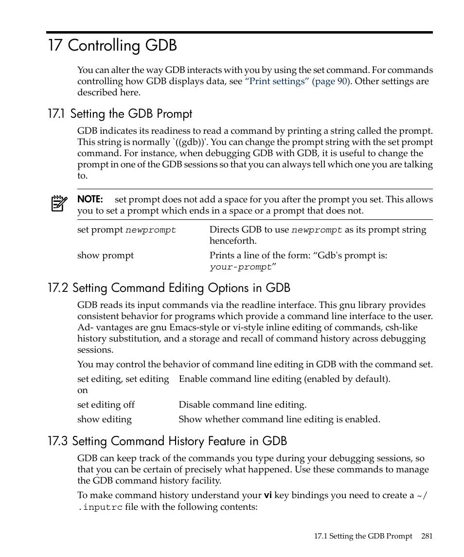 17 controlling gdb, 1 setting the gdb prompt, 2 setting command editing options in gdb | 3 setting command history feature in gdb | HP gnu source-level debugger 5992-4701 User Manual | Page 281 / 369