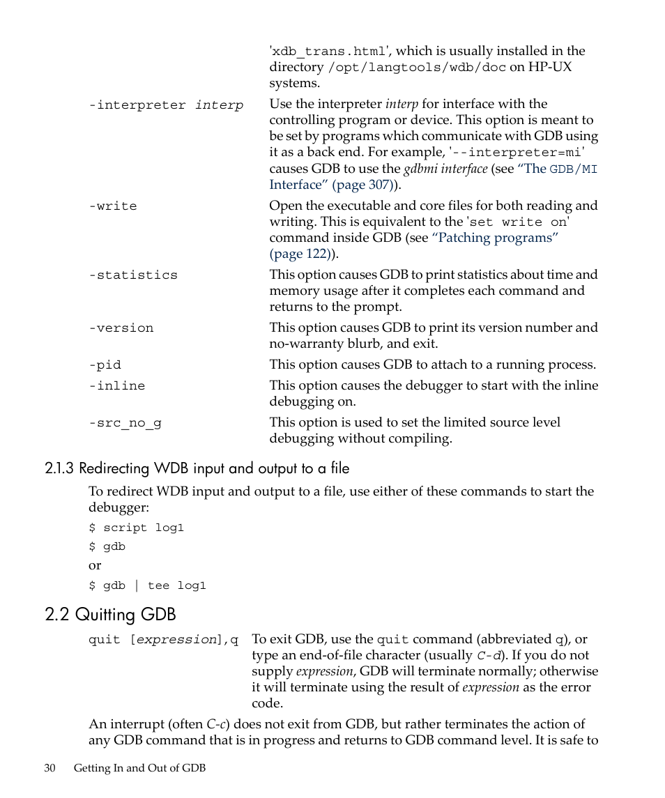 3 redirecting wdb input and output to a file, 2 quitting gdb | HP gnu source-level debugger 5992-4701 User Manual | Page 30 / 369
