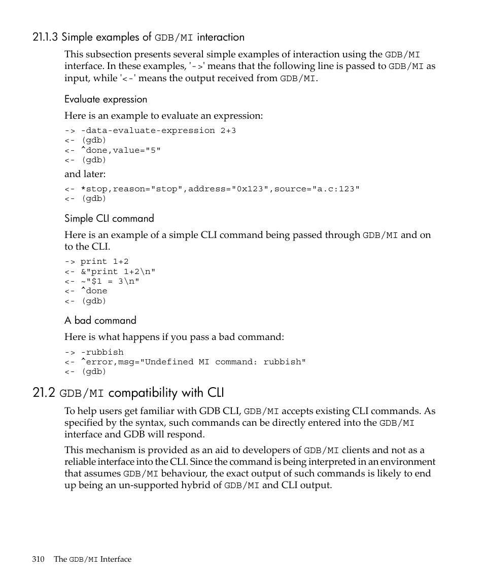 3 simple examples of gdb/mi interaction, 2 gdb/mi compatibility with cli | HP gnu source-level debugger 5992-4701 User Manual | Page 310 / 369