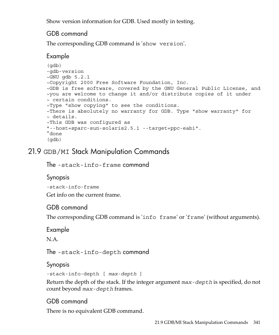 9 gdb/mi stack manipulation commands | HP gnu source-level debugger 5992-4701 User Manual | Page 341 / 369