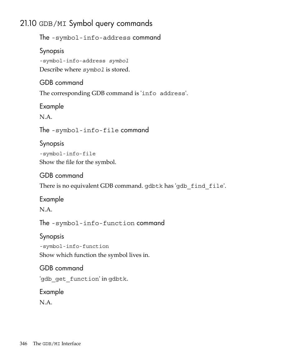 10 gdb/mi symbol query commands | HP gnu source-level debugger 5992-4701 User Manual | Page 346 / 369