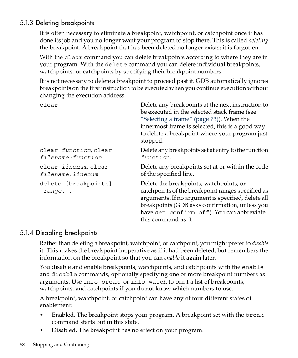 3 deleting breakpoints, 4 disabling breakpoints, 3 deleting breakpoints 5.1.4 disabling breakpoints | Disabling breakpoints | HP gnu source-level debugger 5992-4701 User Manual | Page 58 / 369