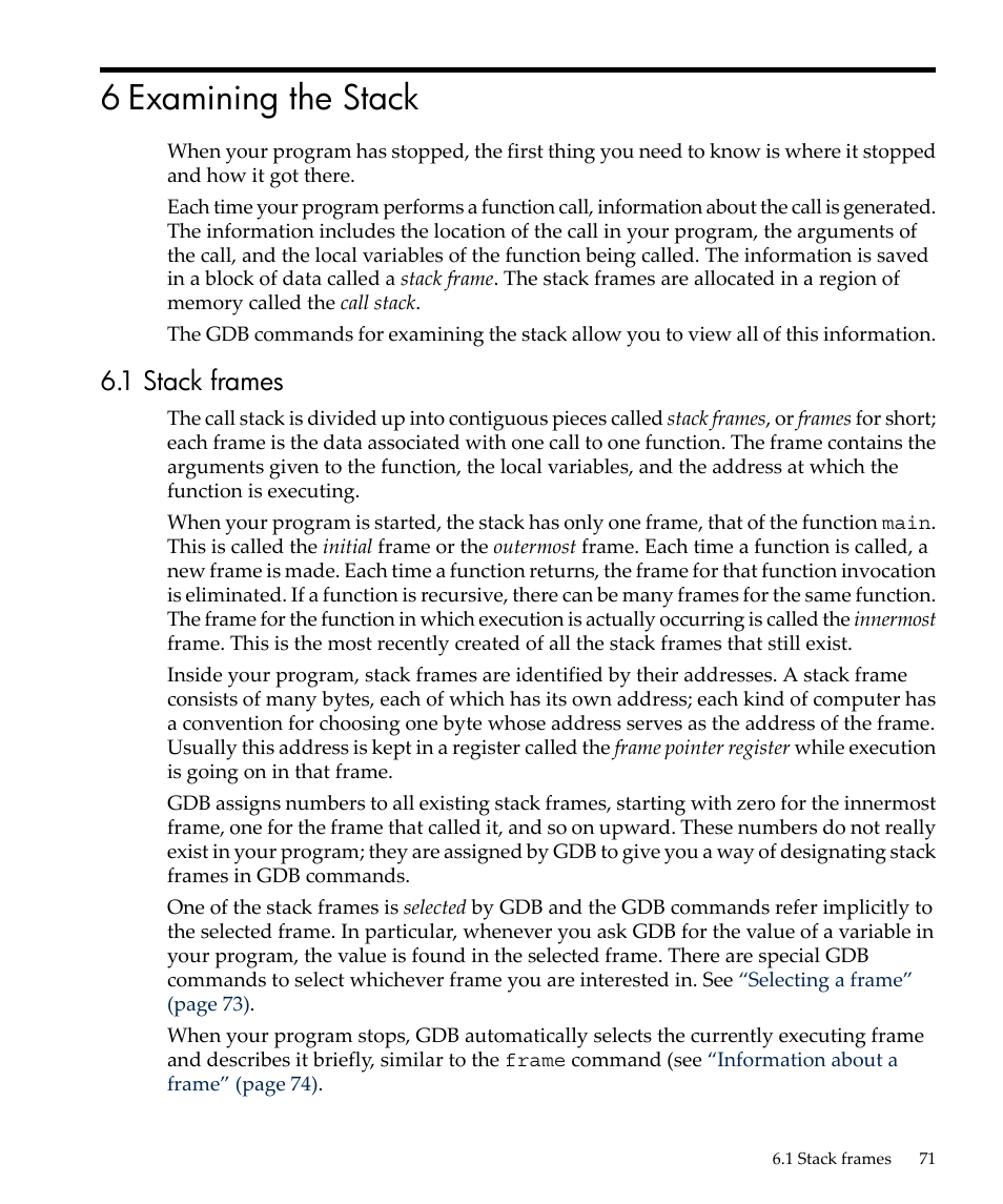 6 examining the stack, 1 stack frames, Stack | Chapter 6 | HP gnu source-level debugger 5992-4701 User Manual | Page 71 / 369