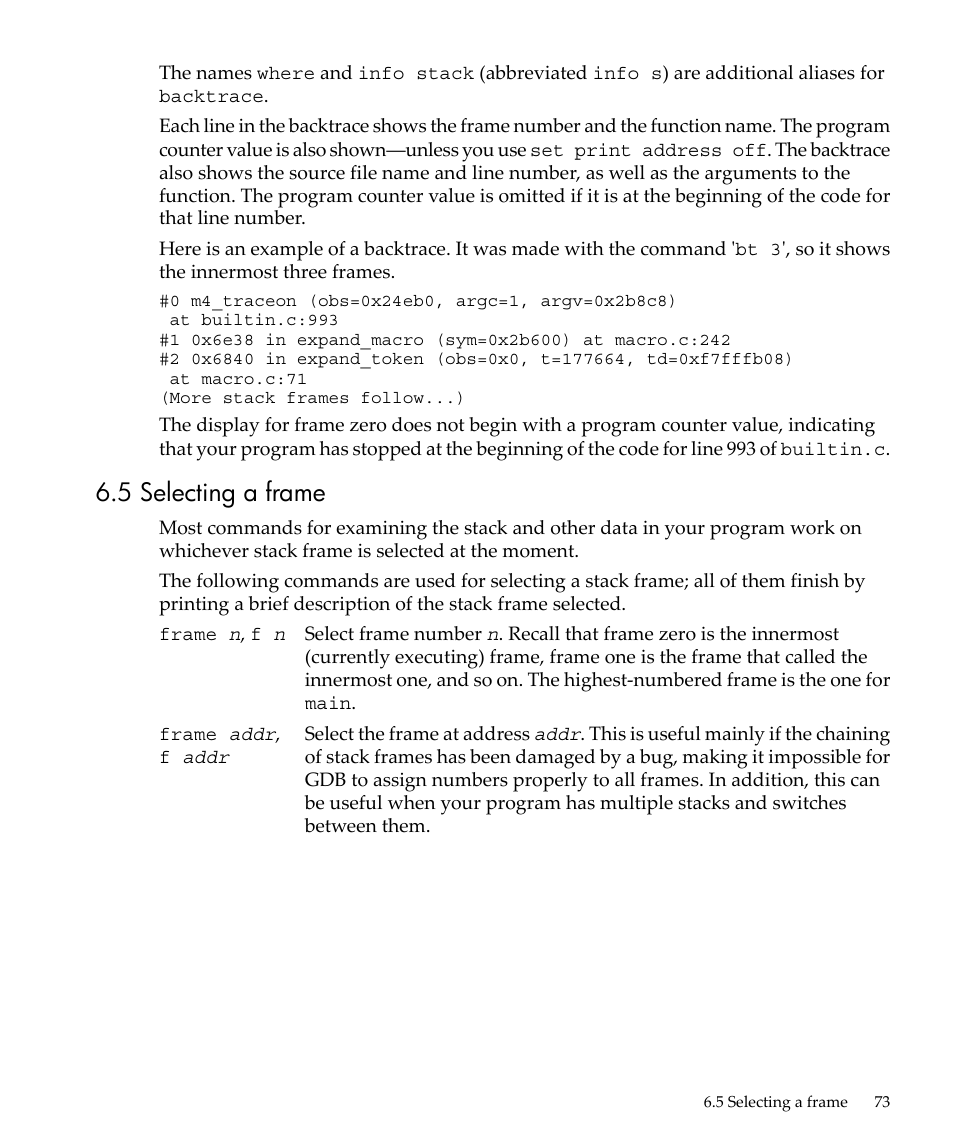 5 selecting a frame, Selecting a frame | HP gnu source-level debugger 5992-4701 User Manual | Page 73 / 369