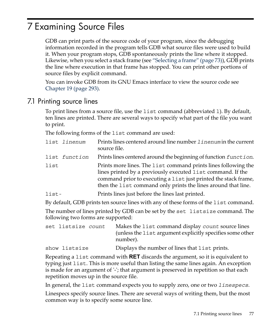 7 examining source files, 1 printing source lines | HP gnu source-level debugger 5992-4701 User Manual | Page 77 / 369