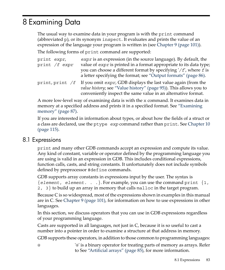 8 examining data, 1 expressions, Expressions | HP gnu source-level debugger 5992-4701 User Manual | Page 83 / 369