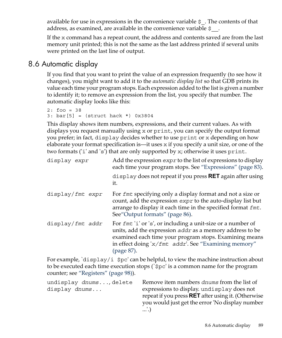 6 automatic display | HP gnu source-level debugger 5992-4701 User Manual | Page 89 / 369