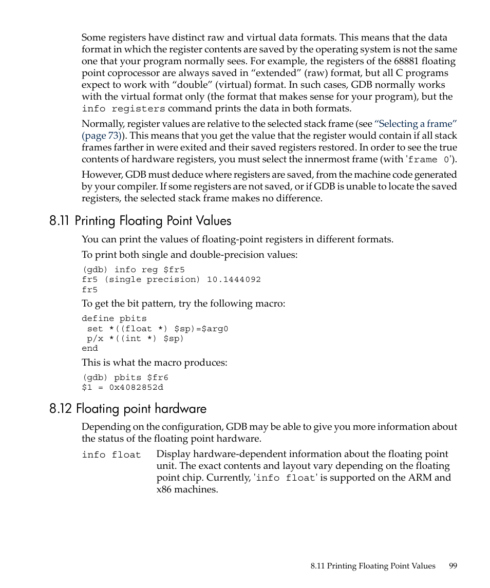11 printing floating point values, 12 floating point hardware | HP gnu source-level debugger 5992-4701 User Manual | Page 99 / 369