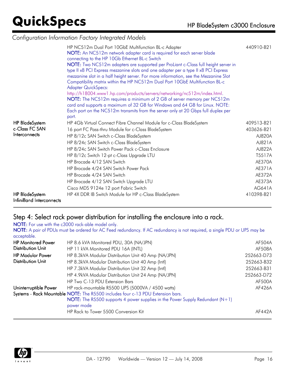 Quickspecs, Hp bladesystem c3000 enclosure | HP Hewlett-Packard BladeSystem Enclosure c3000 User Manual | Page 16 / 37