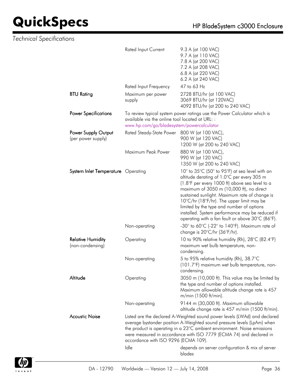 Quickspecs, Hp bladesystem c3000 enclosure | HP Hewlett-Packard BladeSystem Enclosure c3000 User Manual | Page 36 / 37