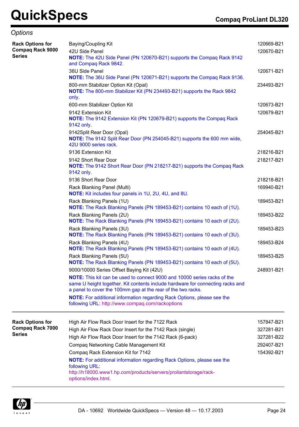 Quickspecs, Compaq proliant dl320 options | HP COMPAQ PROLIANT DL320 User Manual | Page 24 / 37