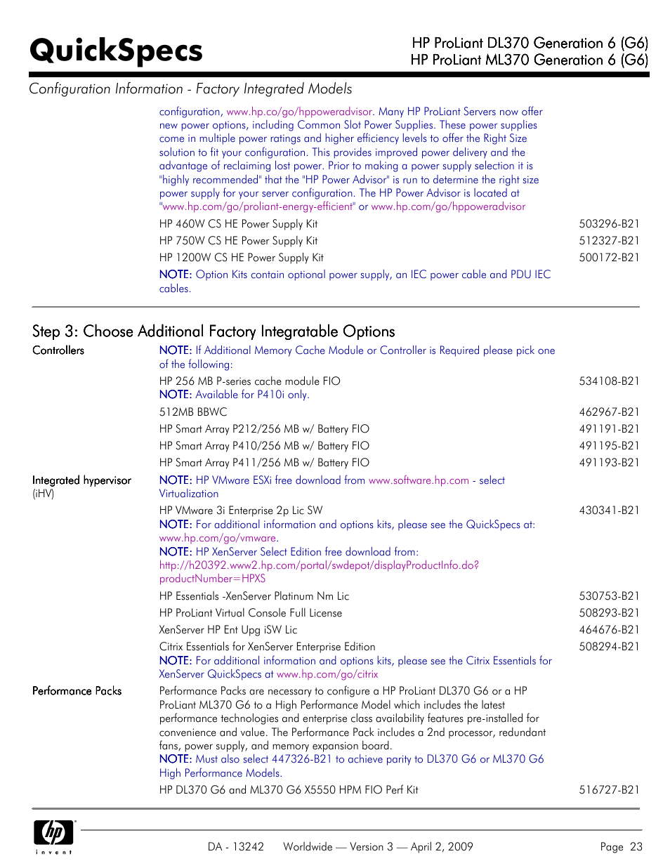 Quickspecs | HP ProLiant DL370 User Manual | Page 23 / 56