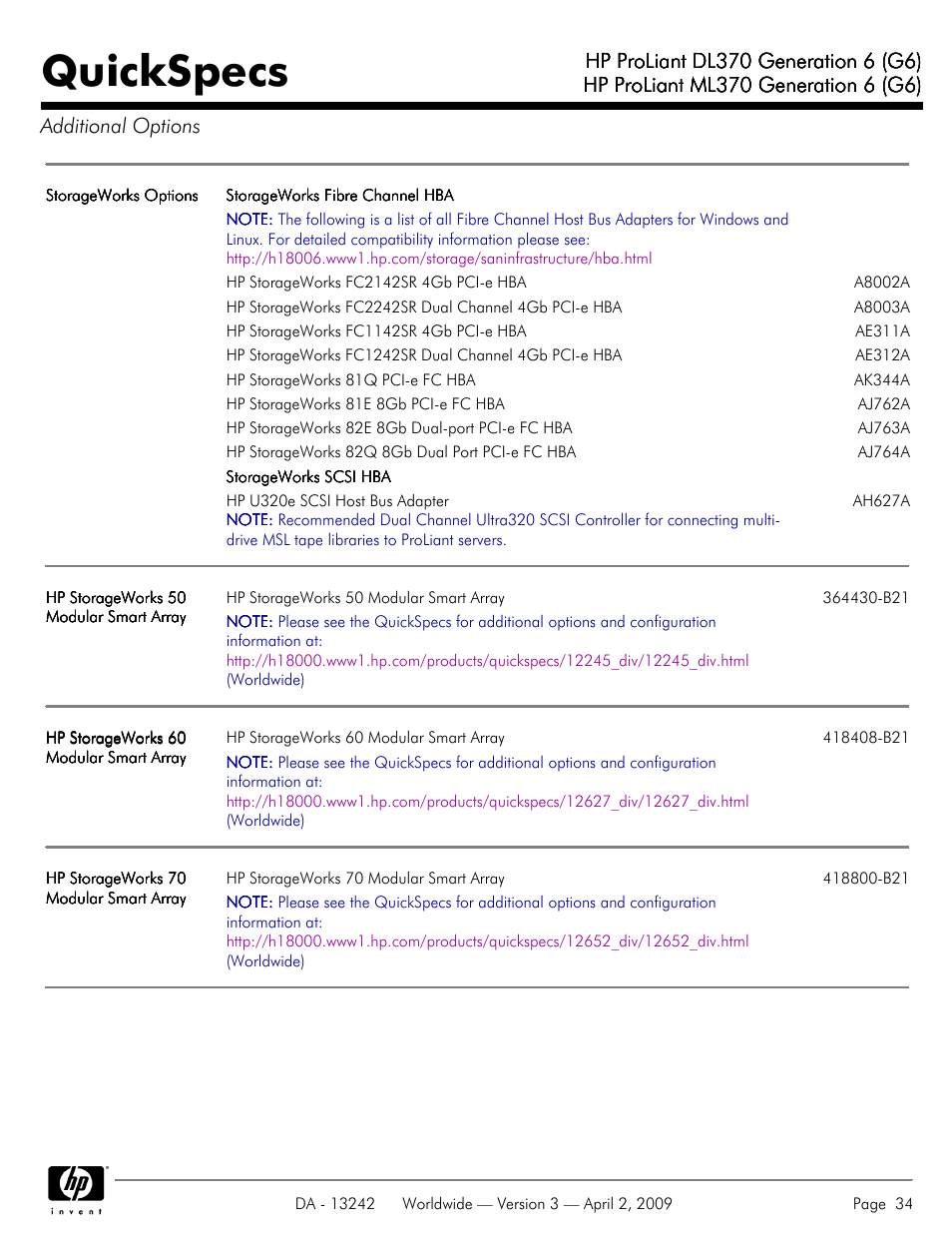 Quickspecs | HP ProLiant DL370 User Manual | Page 34 / 56